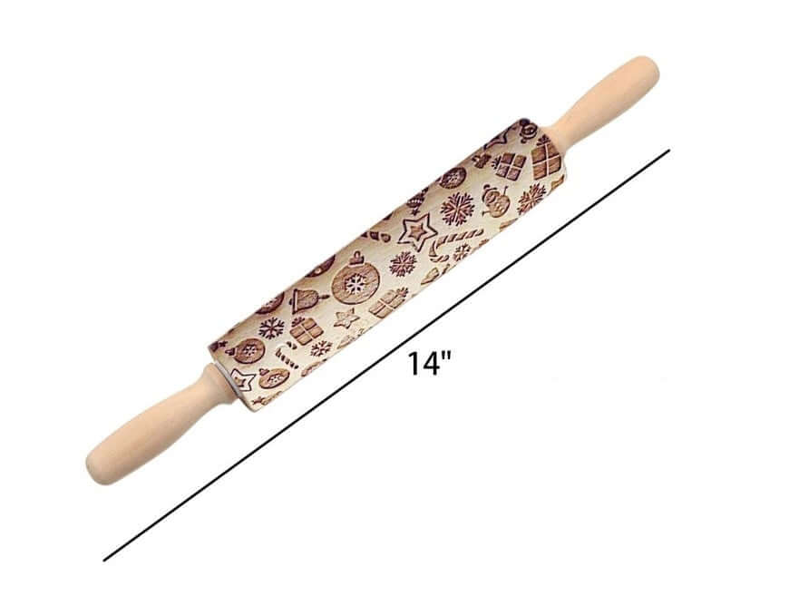 Embossed rolling pin with festive patterns and wooden handles, 14 inches long.