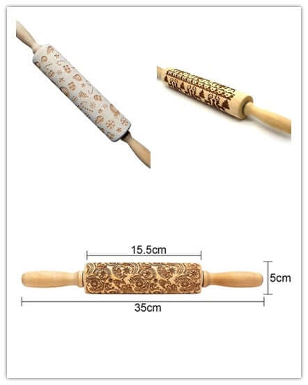 Decorative rolling pins with engraved patterns for baking, wooden kitchen accessory, size shown