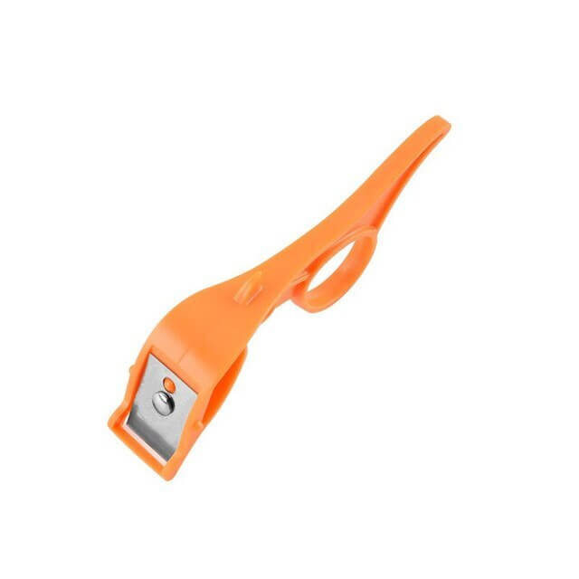 Orange plastic kitchen cutter tool with sharp metal blade for vegetable or fruit peeling