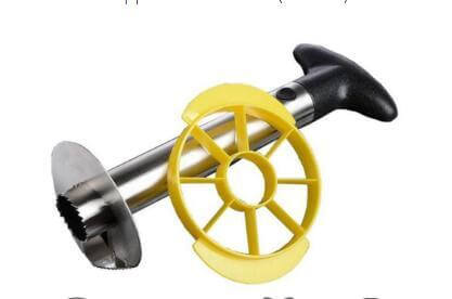 Stainless steel pineapple corer slicer with black handle and yellow slicer ring for kitchen use