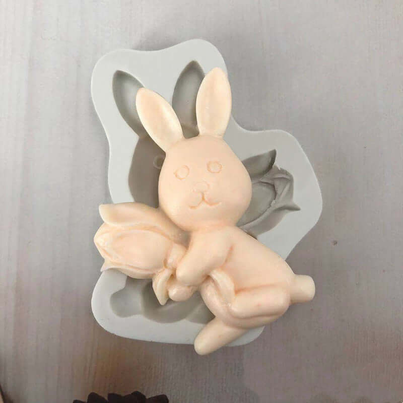 Silicone bunny mold for kitchen baking and chocolate making, rabbit with flower design