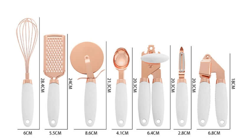 Set of copper and white kitchen utensils including whisk, grater, pizza cutter, ice cream scoop, can opener, peeler, and garlic press, with measurements displayed.