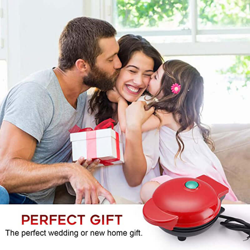 Happy family gifting red mini kitchen appliance, perfect kitchen gift for home or wedding