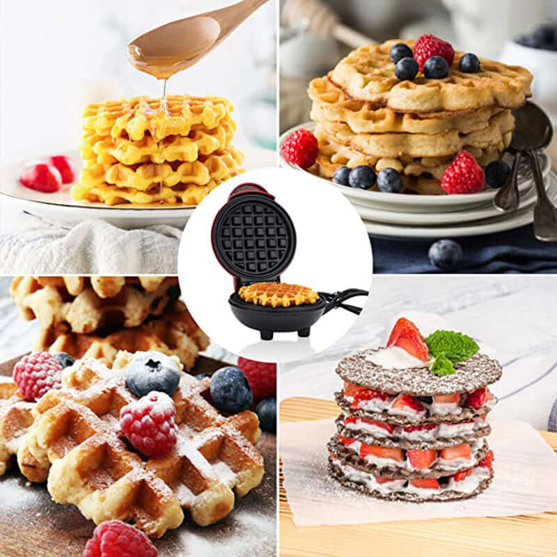Mini waffle maker with fresh waffles topped with berries, syrup, and whipped cream.