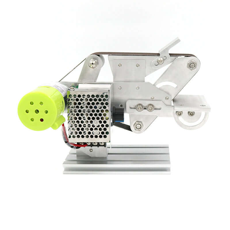 Mini electric belt sander with metal frame, yellow motor, and adjustable sanding arm