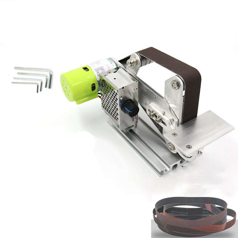 Mini electric belt sander with metal frame, sanding belts, and hex wrenches on white background