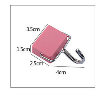 Pink wall-mounted kitchen hook with chrome finish and size dimensions, kitchen accessory