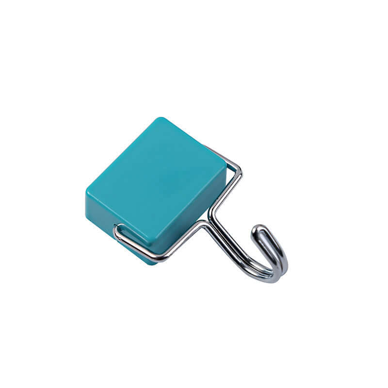 Magnetic blue kitchen hook with metal hanger for utensils or tools on white background