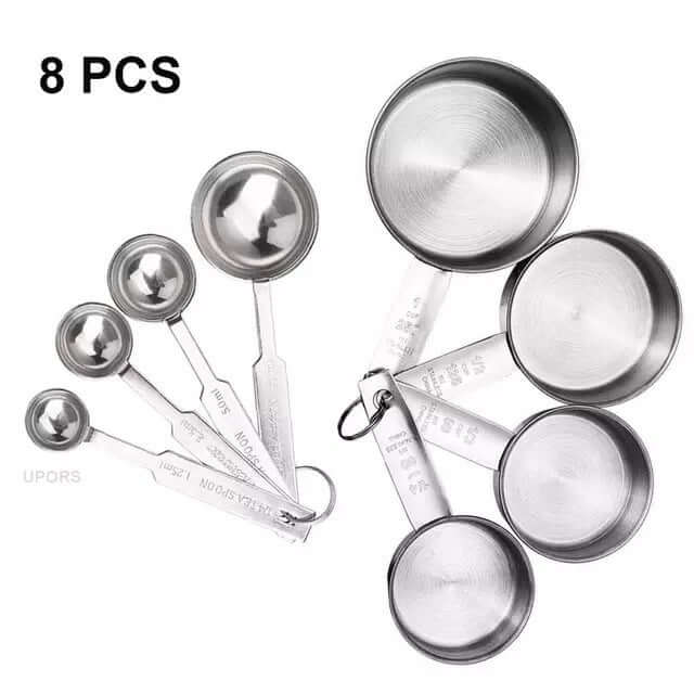 Set of 8 stainless steel measuring cups and spoons for kitchen cooking and baking