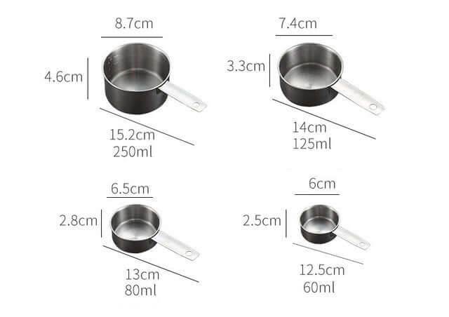 Set of stainless steel measuring cups in various sizes with labeled dimensions and volumes