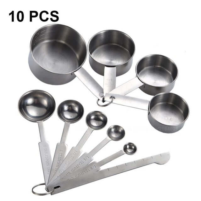Stainless steel 10-piece measuring cups and spoons set for kitchen cooking and baking