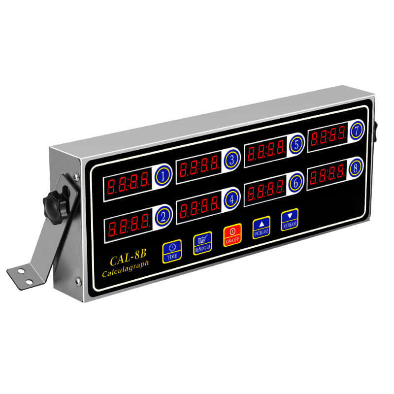 Digital kitchen timer with eight LED countdown displays and control buttons, wall-mountable