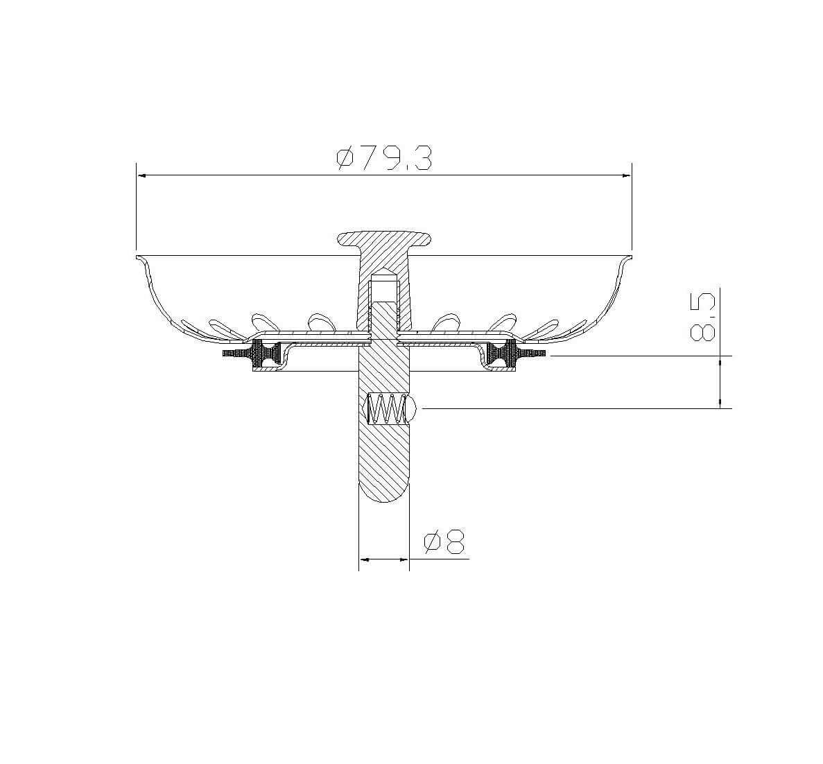 Technical drawing of a round kitchen sink strainer with diameter and height measurements.