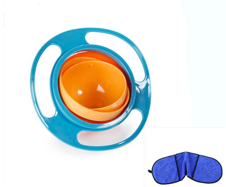 Blue and orange spill-proof gyro bowl with handles, and a blue sleep mask with paw prints