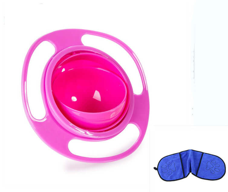 Pink spill-proof gyro bowl and blue sleep mask with paw prints on white background
