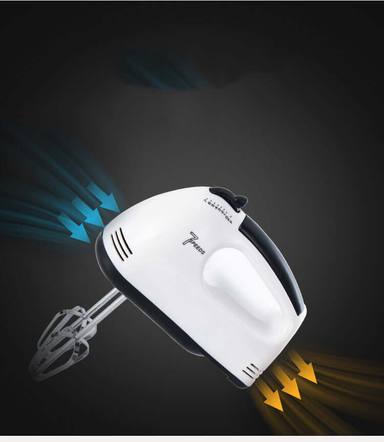 Electric hand mixer with dual beaters and airflow graphics on a dark background