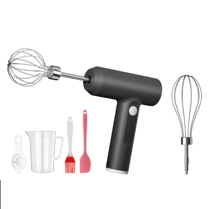 Electric hand mixer set with whisk attachments, measuring cup, spatula, and basting brush