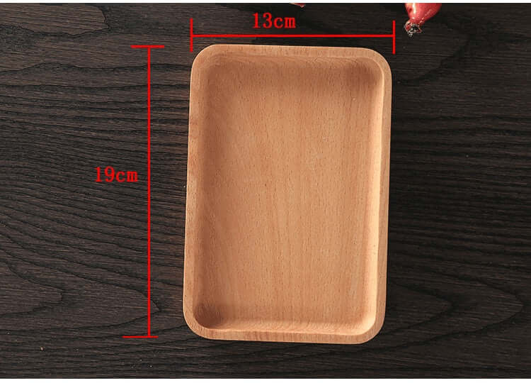 Rectangular wooden serving tray 19cm by 13cm on dark table, kitchen accessory