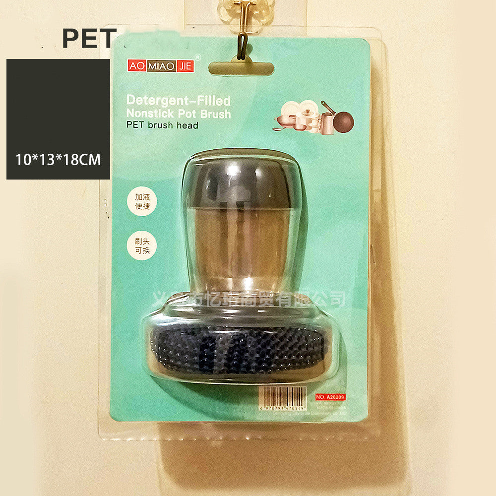 Detergent-filled nonstick pot brush with PET bristles in retail packaging, kitchen cleaning tool.