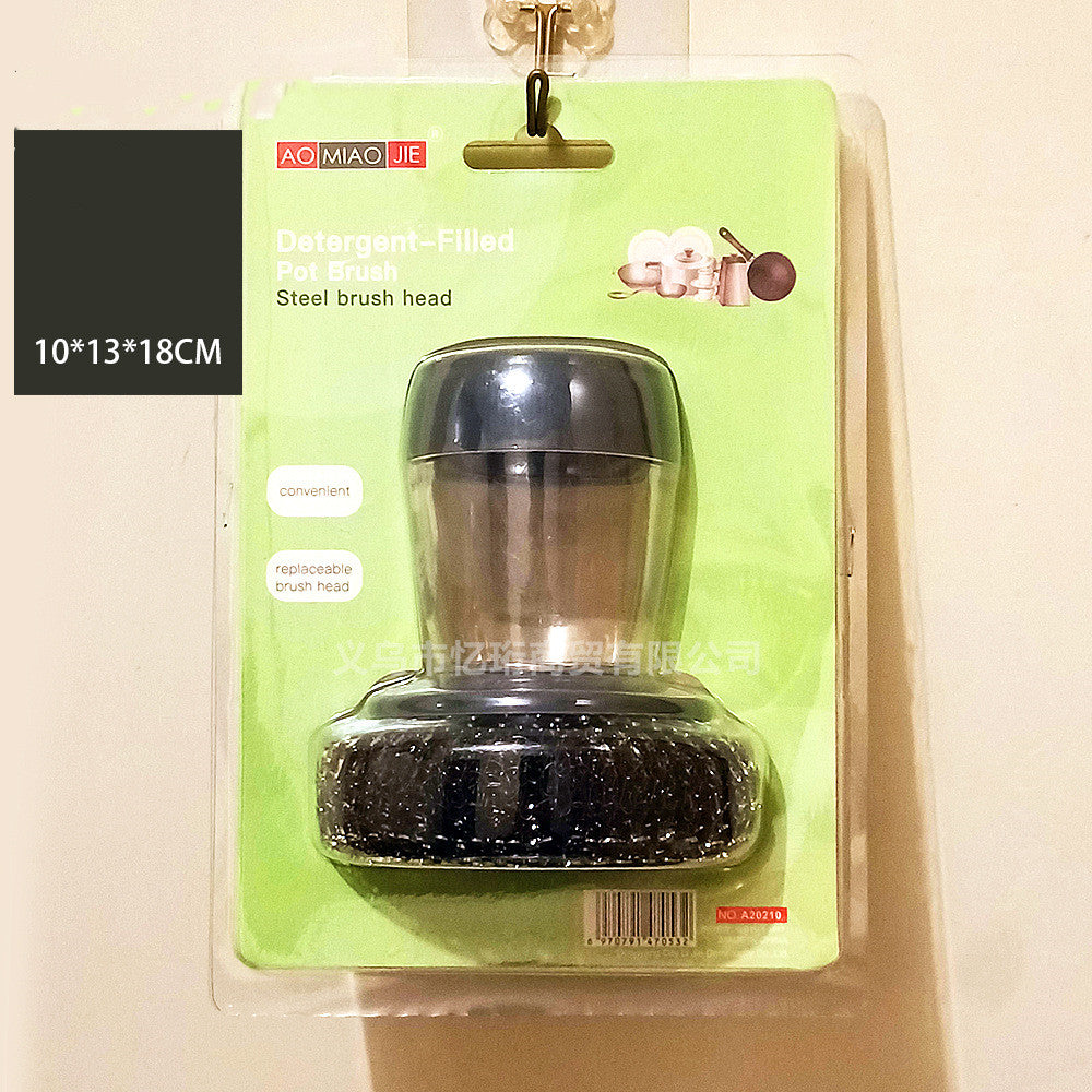 Detergent-filled pot brush with steel brush head in retail packaging, size 10x13x18cm.