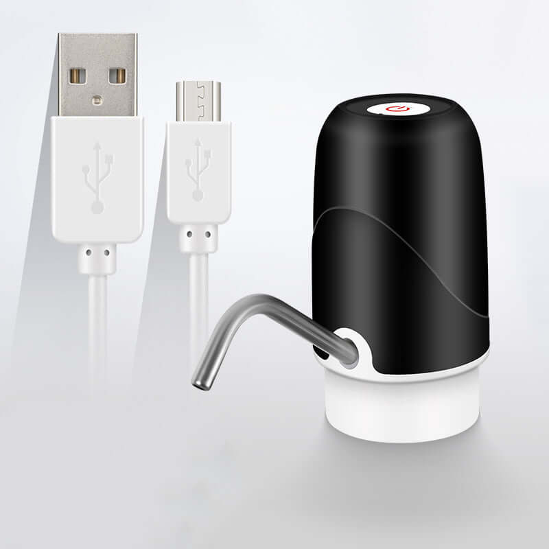 Electric water dispenser pump with USB charging cable, black and white design, kitchen accessory