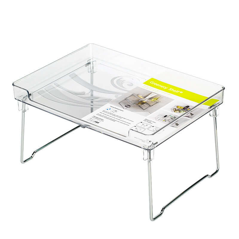 Clear acrylic kitchen shelf organizer with metal legs for countertop storage