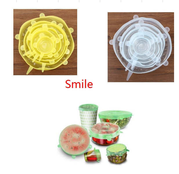 Reusable silicone stretch lids in yellow and clear, covering assorted food containers.