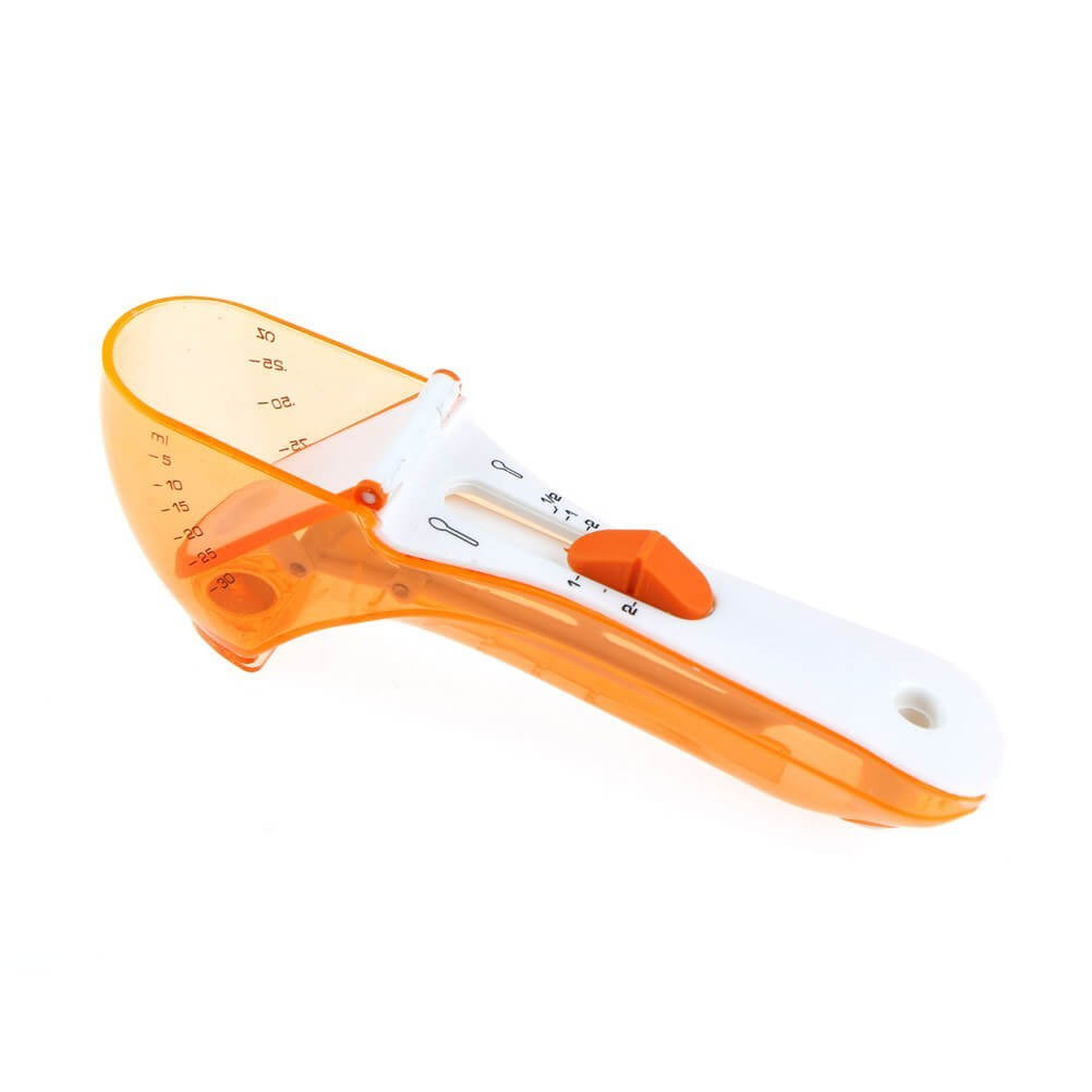 Adjustable orange and white kitchen measuring scoop with volume markings