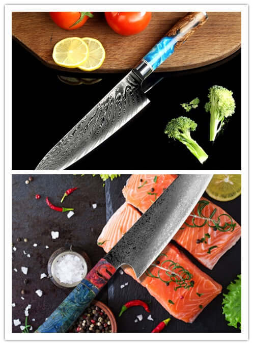 Damascus chef knife with colorful resin handle cutting vegetables and salmon on kitchen board