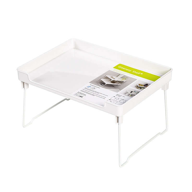 White kitchen shelf organizer rack with foldable metal legs for countertop storage