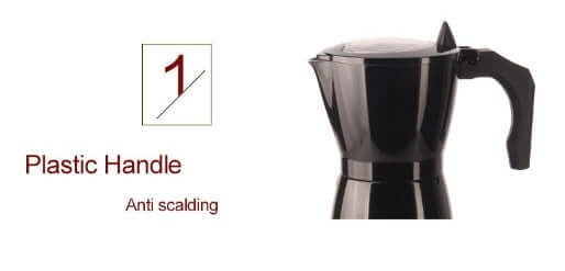 Black stovetop coffee maker with ergonomic plastic anti-scalding handle, kitchen accessory