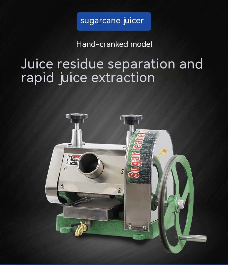 Hand-cranked sugarcane juicer with metal body and green wheel for juice extraction