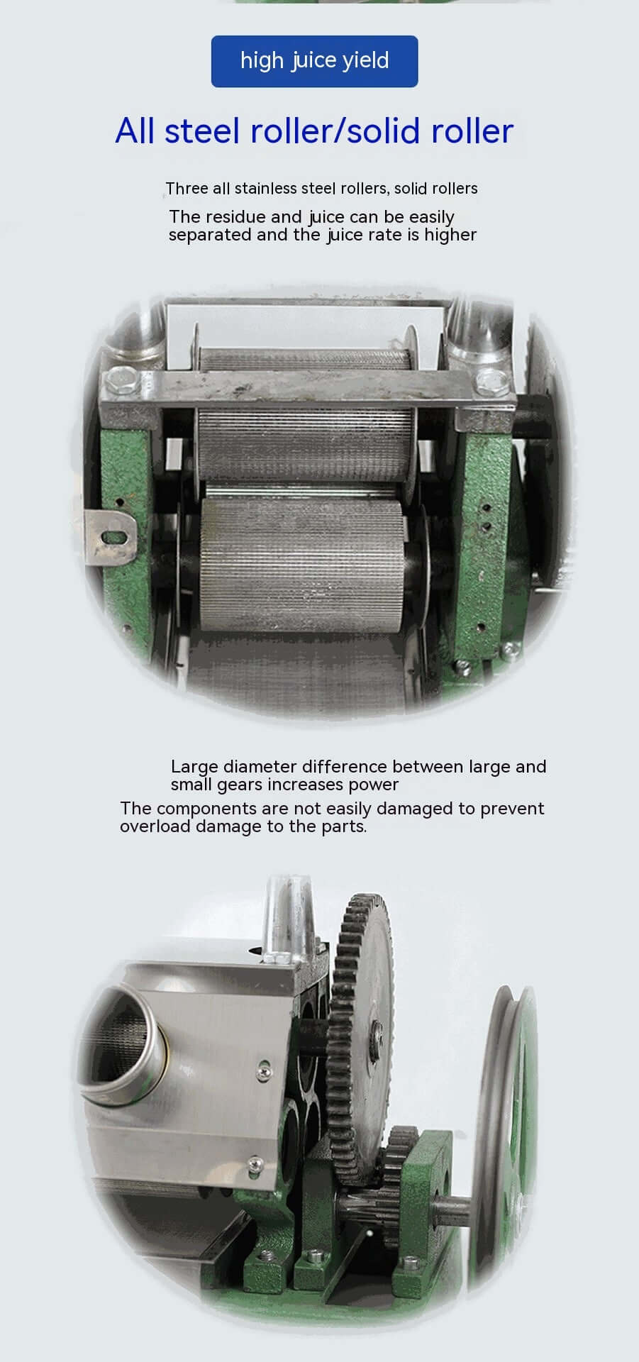 Close-up of stainless steel juice extractor rollers and gears for high juice yield kitchen appliance.