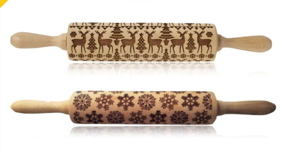 Embossed wooden rolling pins with festive patterns, ideal for baking holiday cookies.
