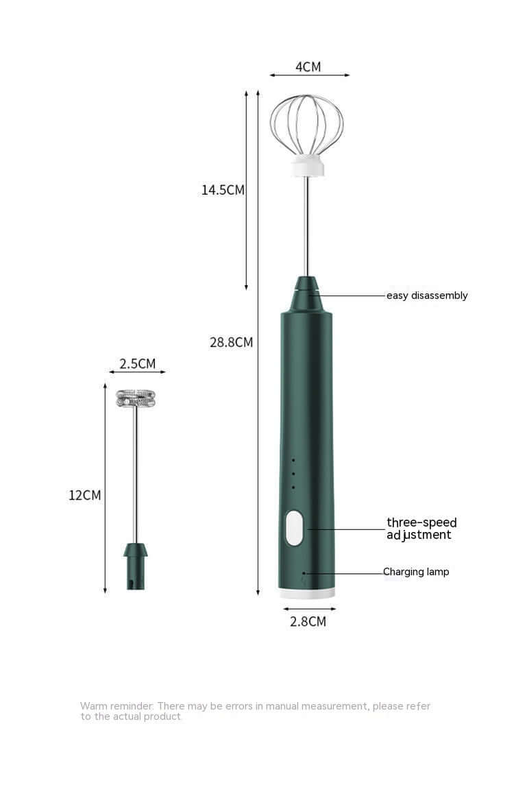 Electric handheld milk frother with whisk and frothing attachments, measurement details, dark green handle, kitchen accessory