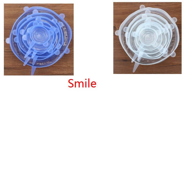 Two sets of silicone stretch lids in blue and clear stacked on wooden surface