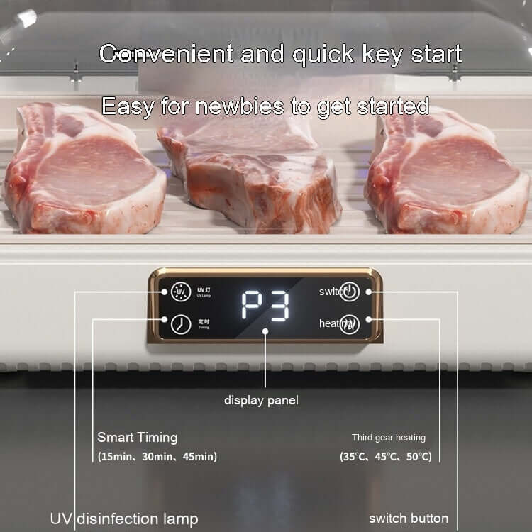 Electric meat defrosting tray with digital display and timer, thawing pork chops.