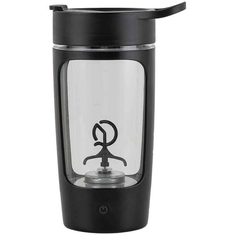 Portable electric protein shaker bottle with black lid and built-in mixing blade