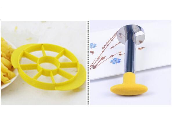 Yellow kitchen dough cutter and stainless steel pastry tool on white background