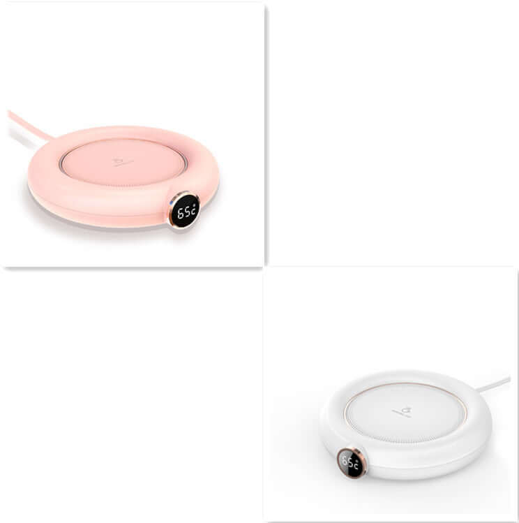 Dual color electric mug warmers with digital temperature display for kitchen countertop.