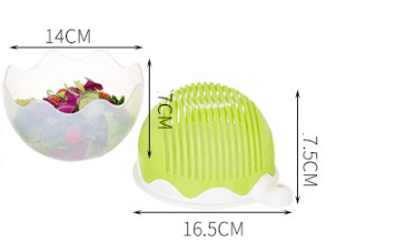 Green salad cutter bowl with lid, kitchen accessory for chopping vegetables, size dimensions shown