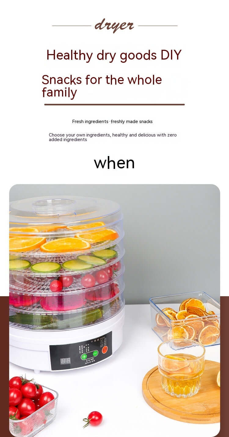 Food dehydrator with stacked trays drying fruit and vegetables, fresh and dried snacks nearby