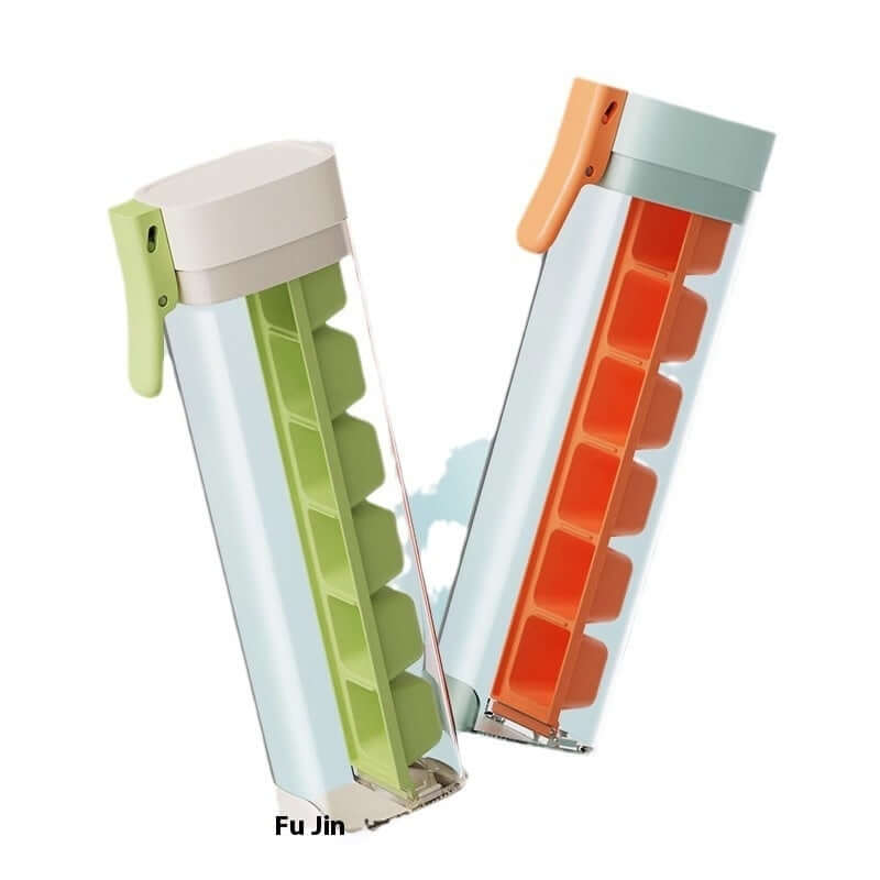 Two plastic ice cube trays with lids and side handles, one green, one orange, kitchen accessories