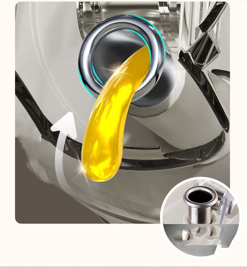 Stainless steel oil dispenser pouring yellow liquid, close-up kitchen container spout.