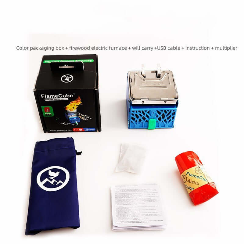 Portable electric camping stove kit with carrying pouch, USB cable, user manual, and FlameCube box.