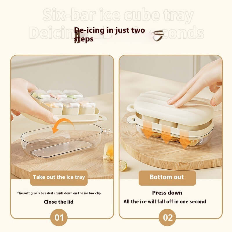 Six-bar ice cube tray de-icing in two steps, hands demonstrating on kitchen counter.