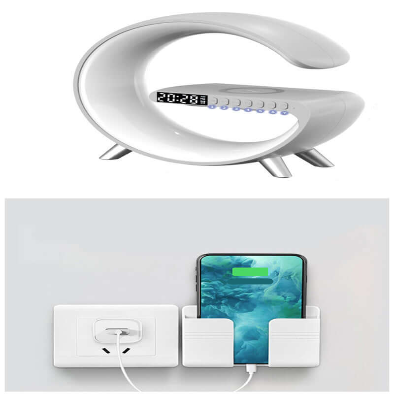 Modern digital alarm clock with LED time display and smartphone wall charging holder