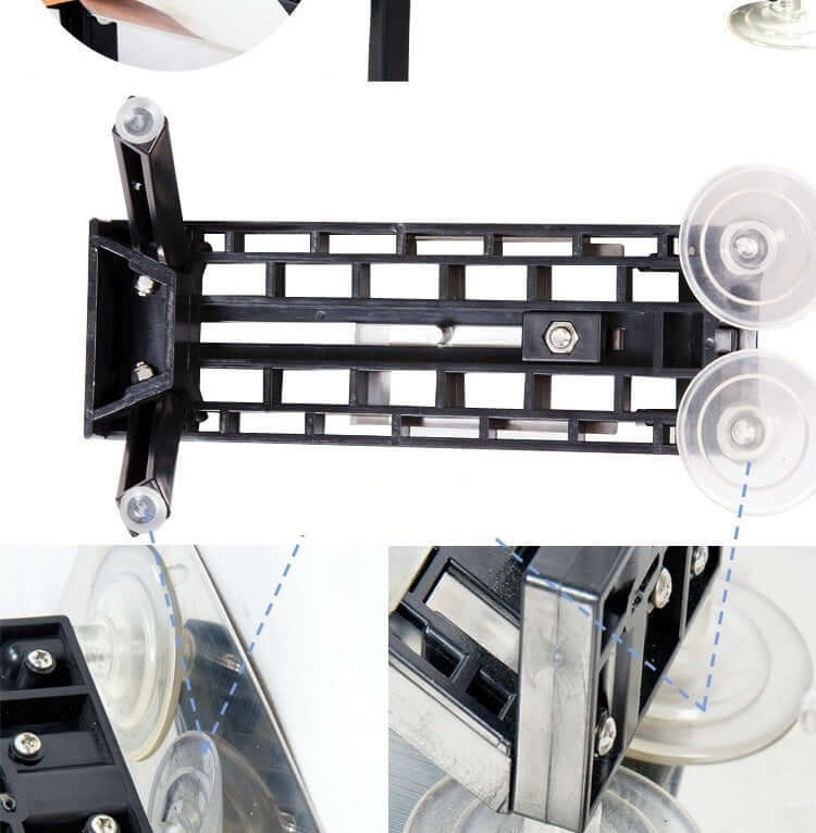 Black plastic kitchen tool or appliance part with suction cups, shown in close-up on white background
