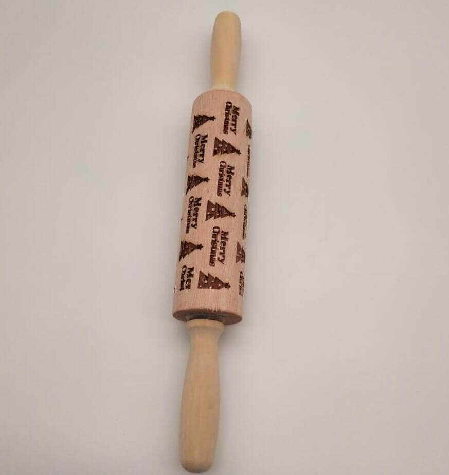 Wooden embossed rolling pin with Merry Christmas and tree pattern for baking