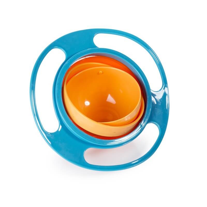Blue and orange spill-proof rotating gyro bowl for kitchen or kids&